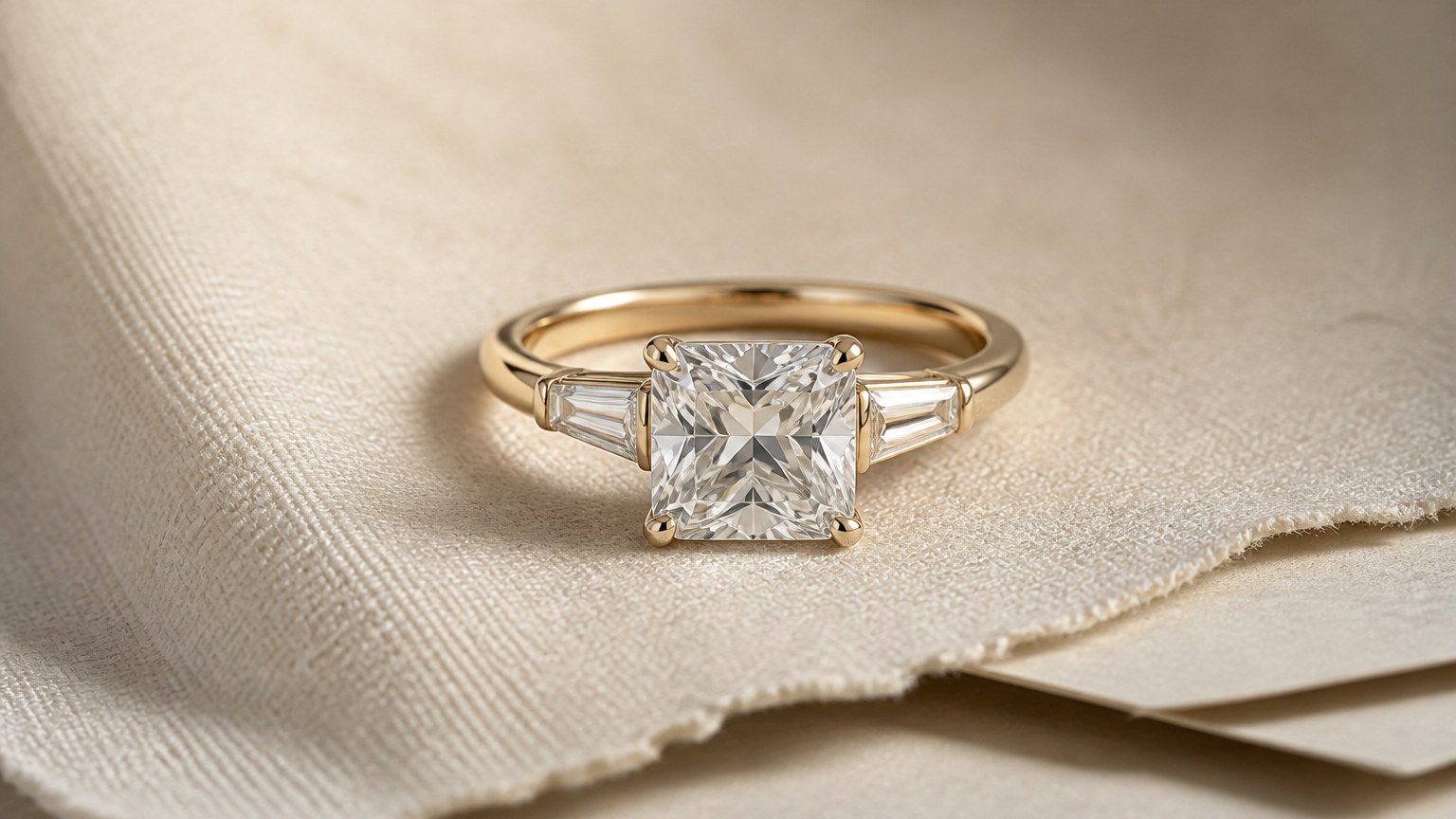 Bague diamant carré élégante posée sur un papier texturé en lin clair, focalisation sur la monture et l’éclat du diamant