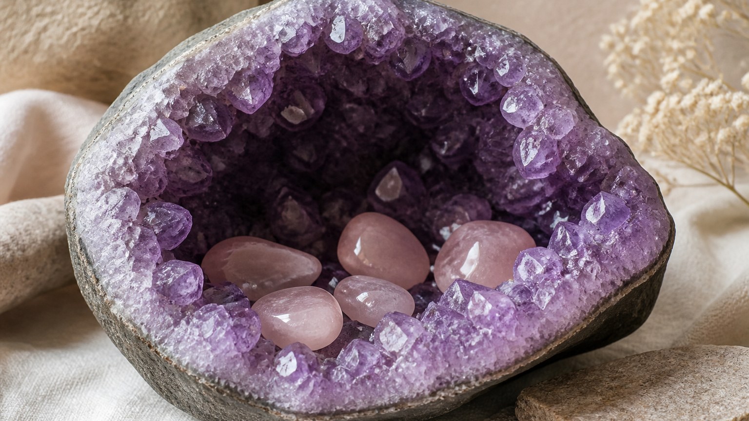 Géode d'améthyste avec pierres de quartz rose posées à l'intérieur