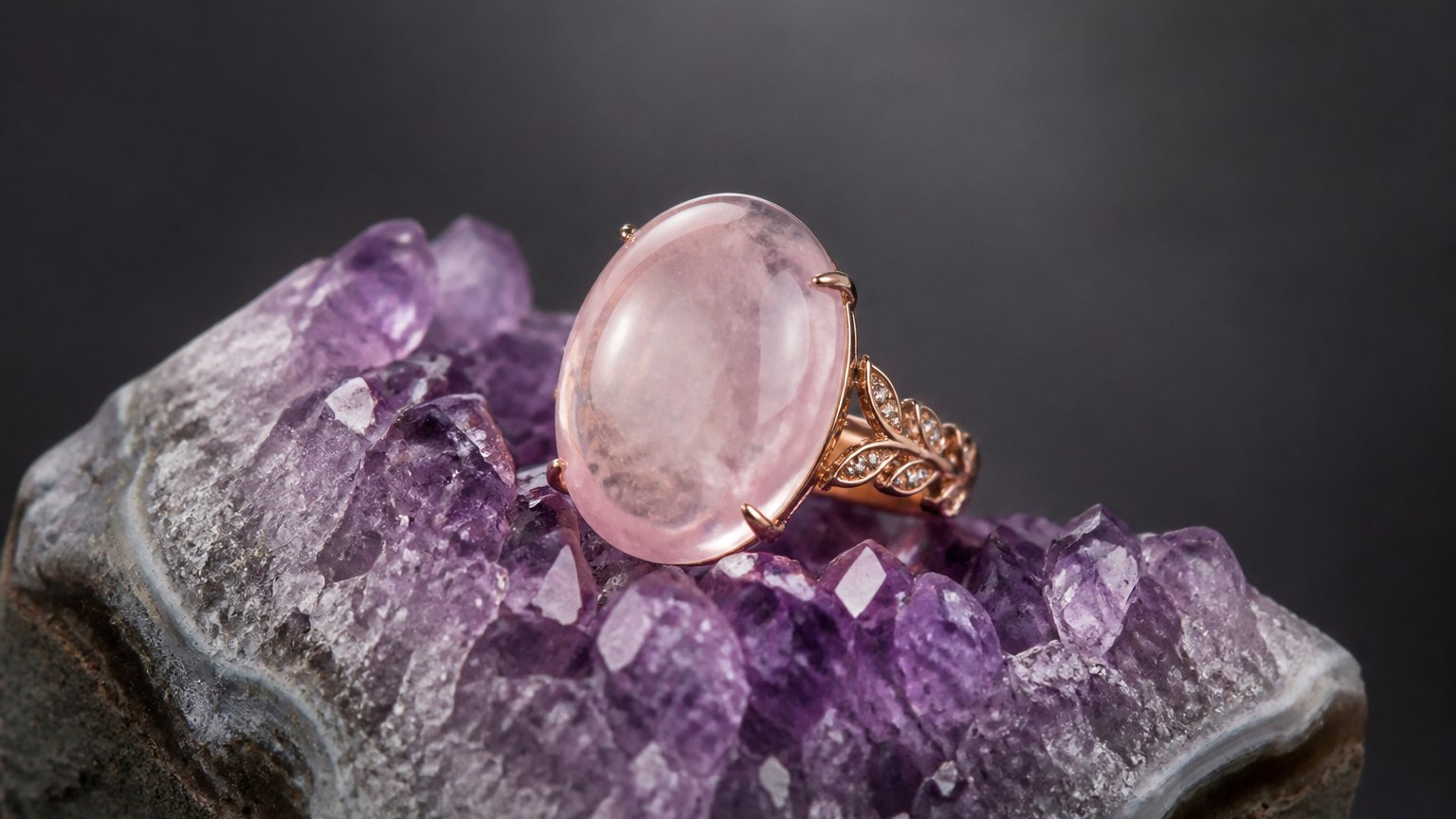 Quartz rose sur géode d’améthyste sous éclairage studio doux
