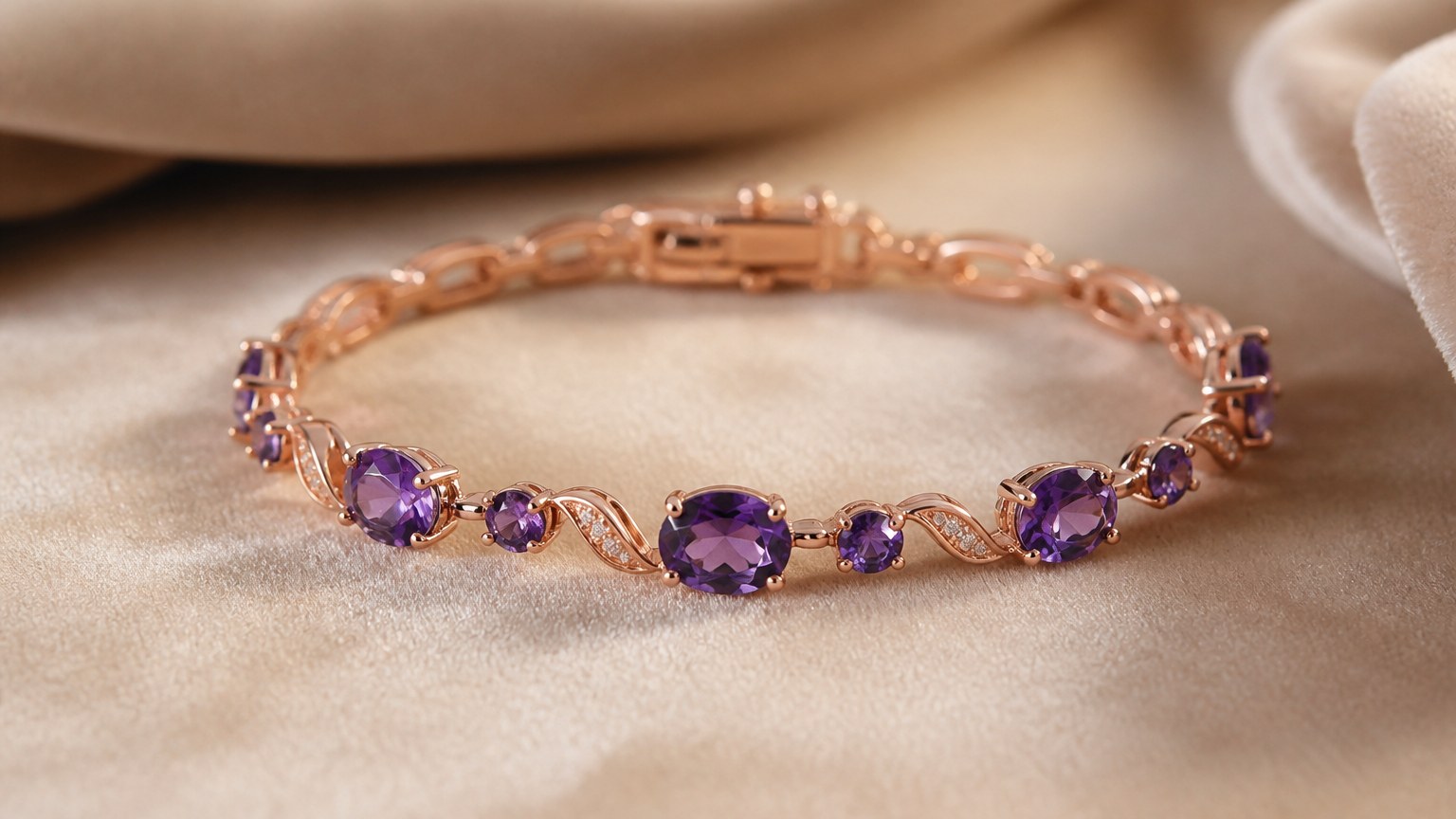 Bracelet en or rose serti d'améthystes posé sur velours beige