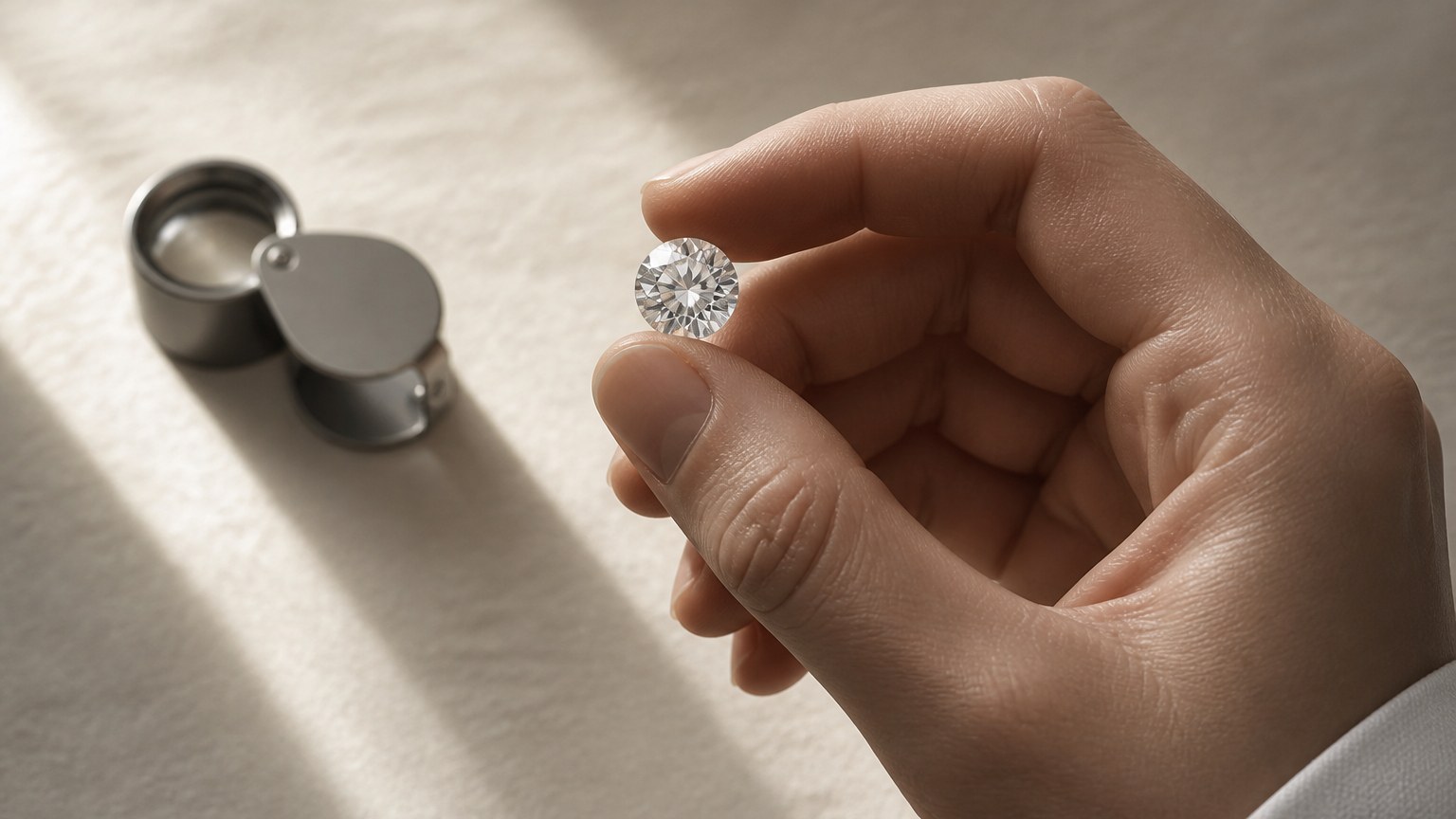 Main d'un gemmologue tenant un diamant en gros plan