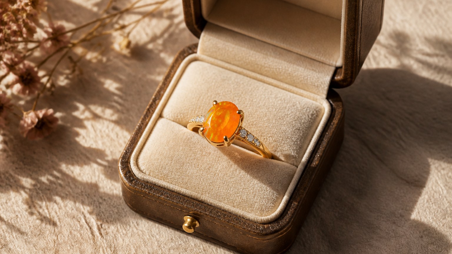 Bague avec opale de feu orange vif dans un écrin sur papier texturé lin beige