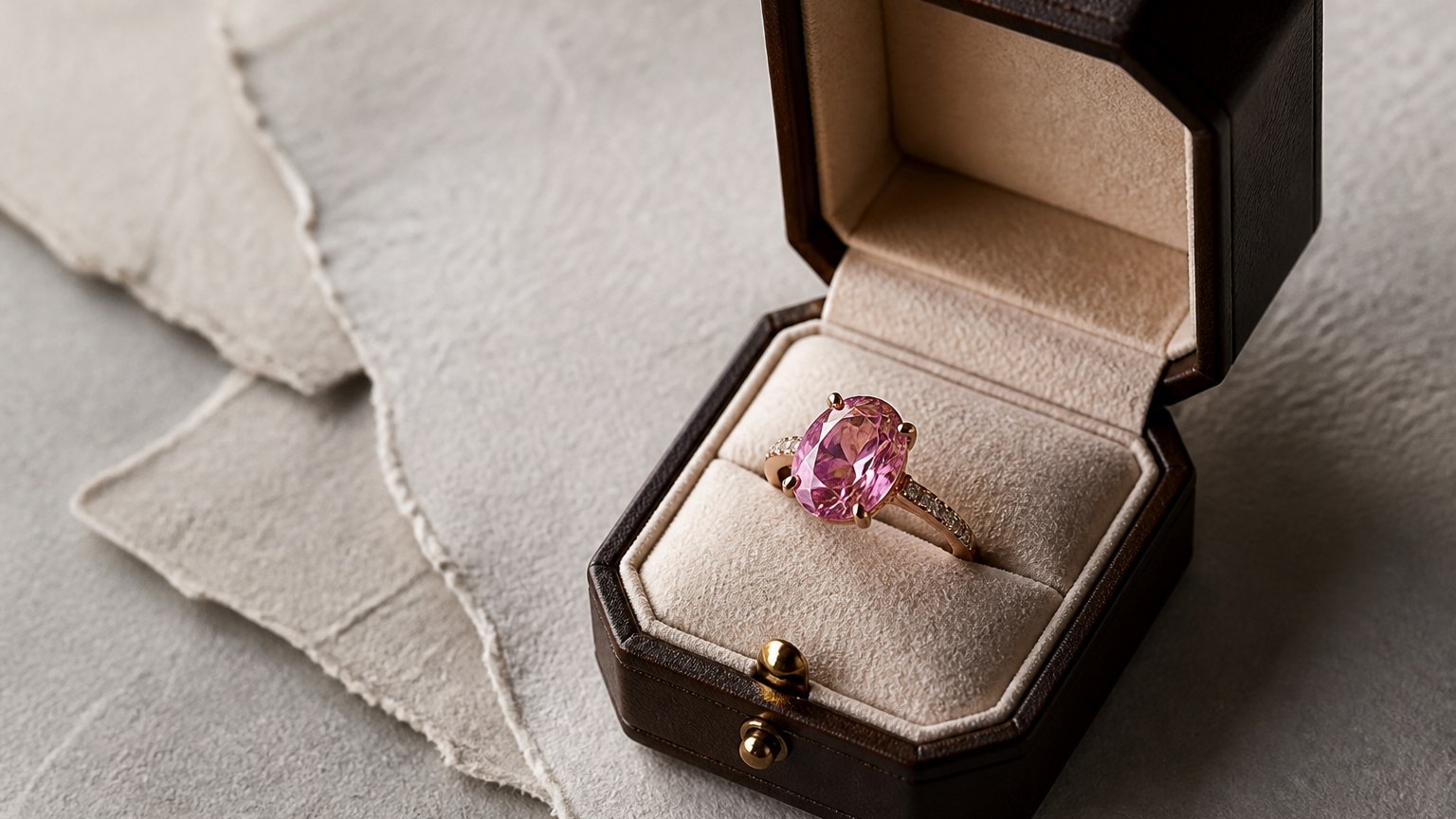 Bague avec saphir rose dans un écrin en cuir sombre sur papier texturé
