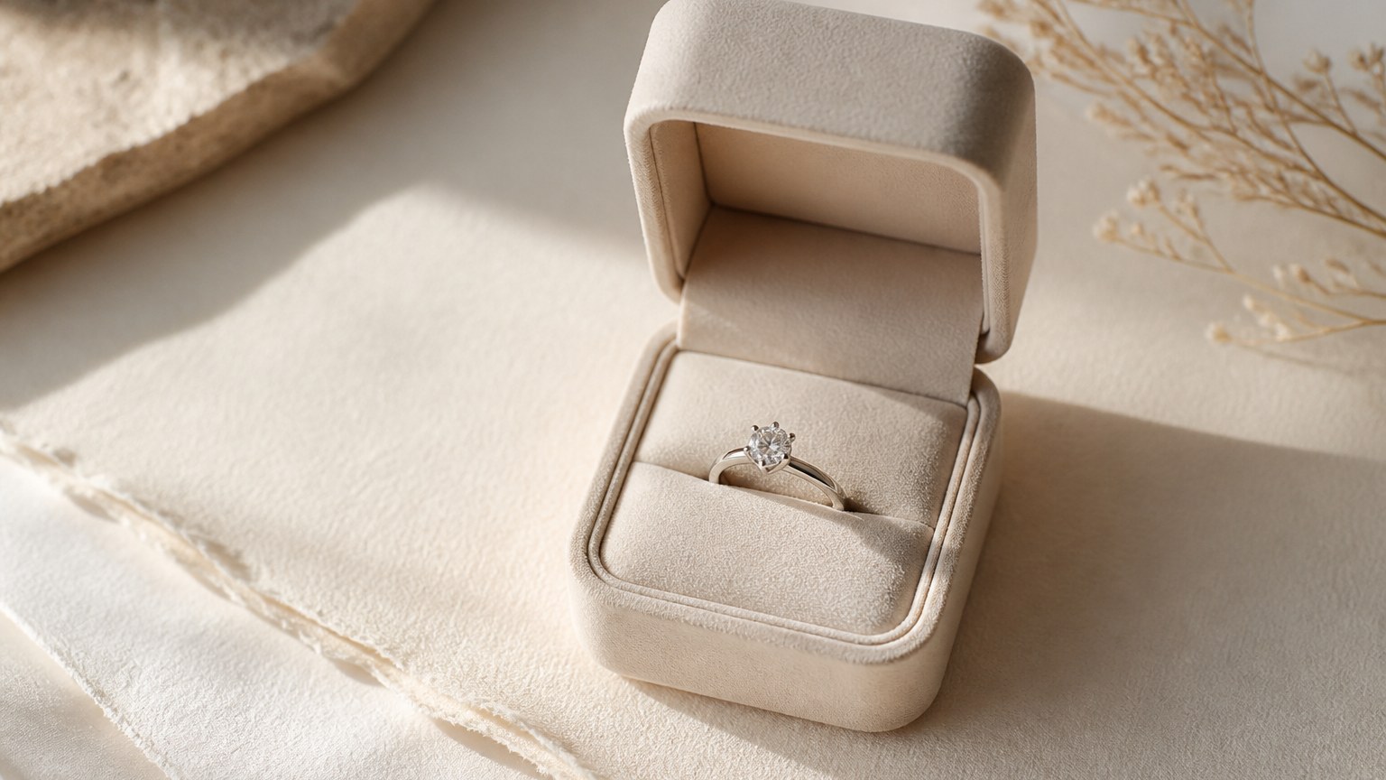 Écrin ouvert avec bague de fiançailles en platine et diamant sur papier texturé