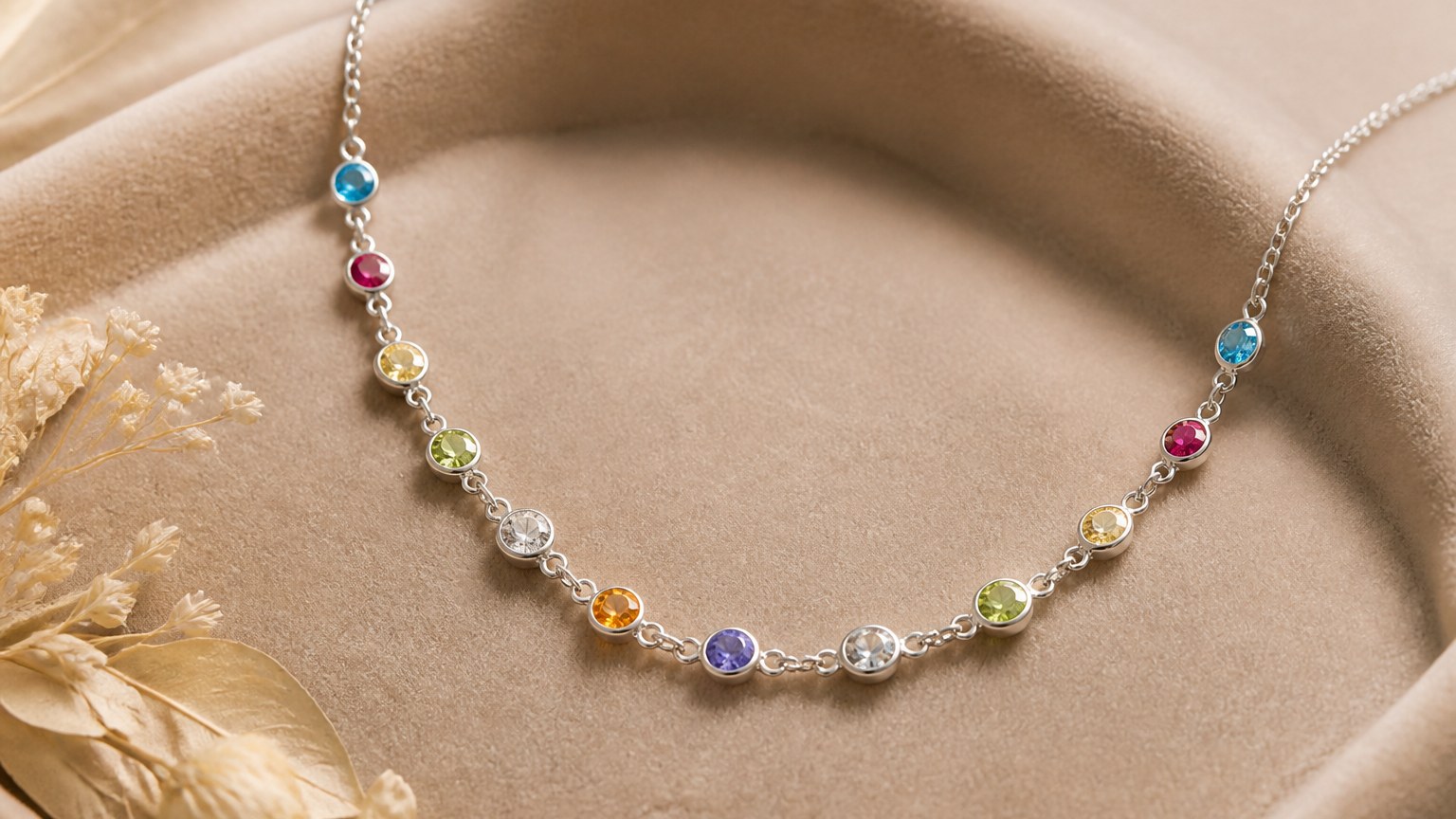 Collier argent 925 avec pierres précieuses multicolores sur velours beige