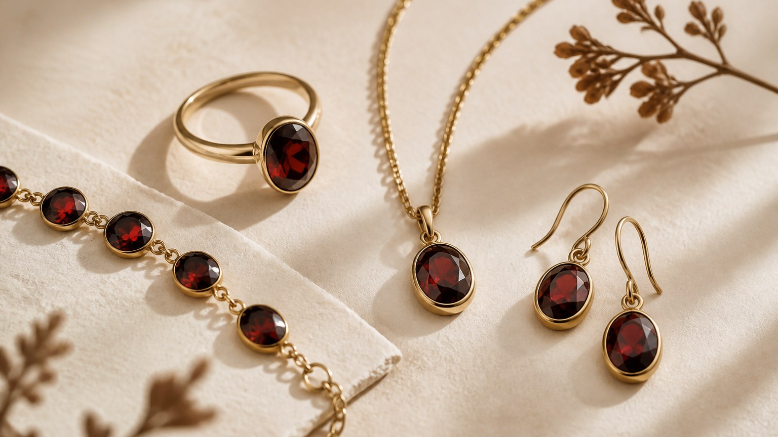 Bijoux avec grenat almandin rouge disposés sur papier texturé beige