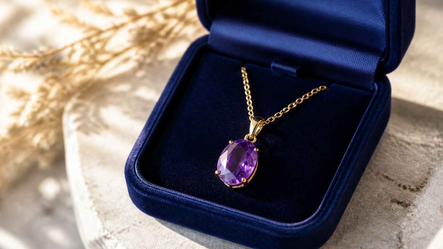 Pendentif améthyste dans écrin bleu marine en velours
