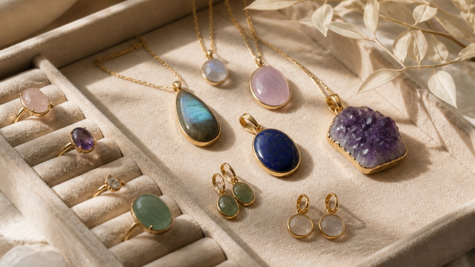 Collection de bijoux en pierres naturelles sur écrin en velours