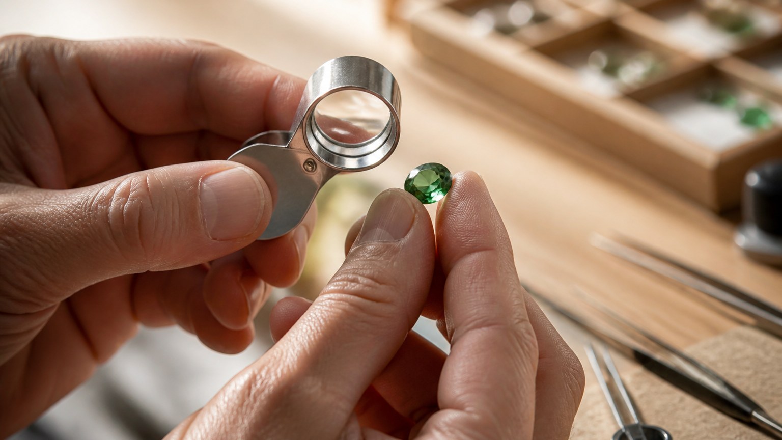 Main de bijoutier examinant une pierre verte à la loupe