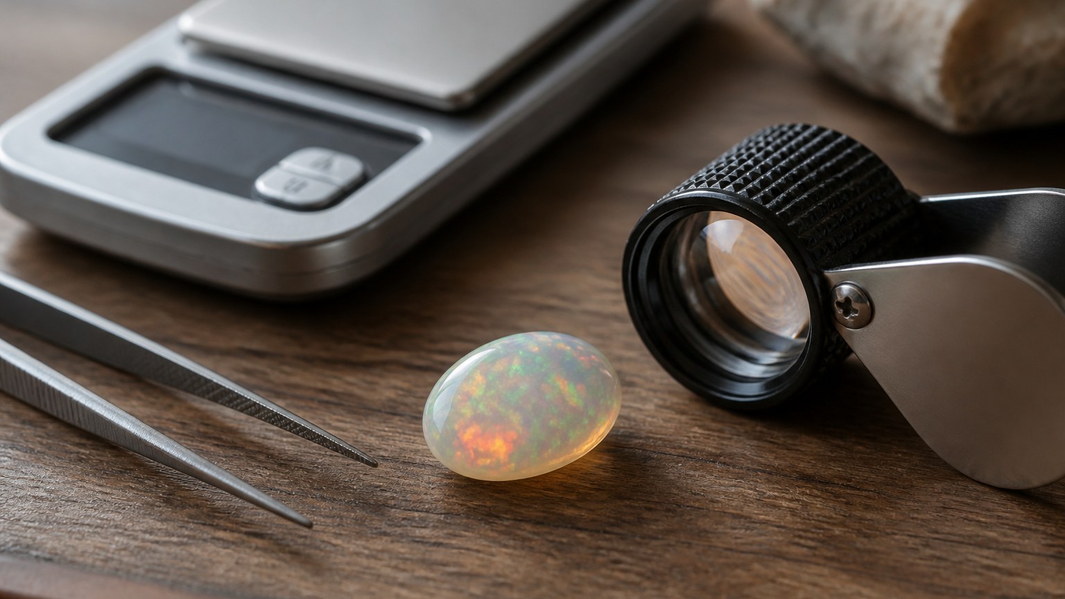 Pierre d'opale à côté d'une loupe de bijoutier et d'une balance sur une table en bois, lumière naturelle douce sur outils gemmologiques