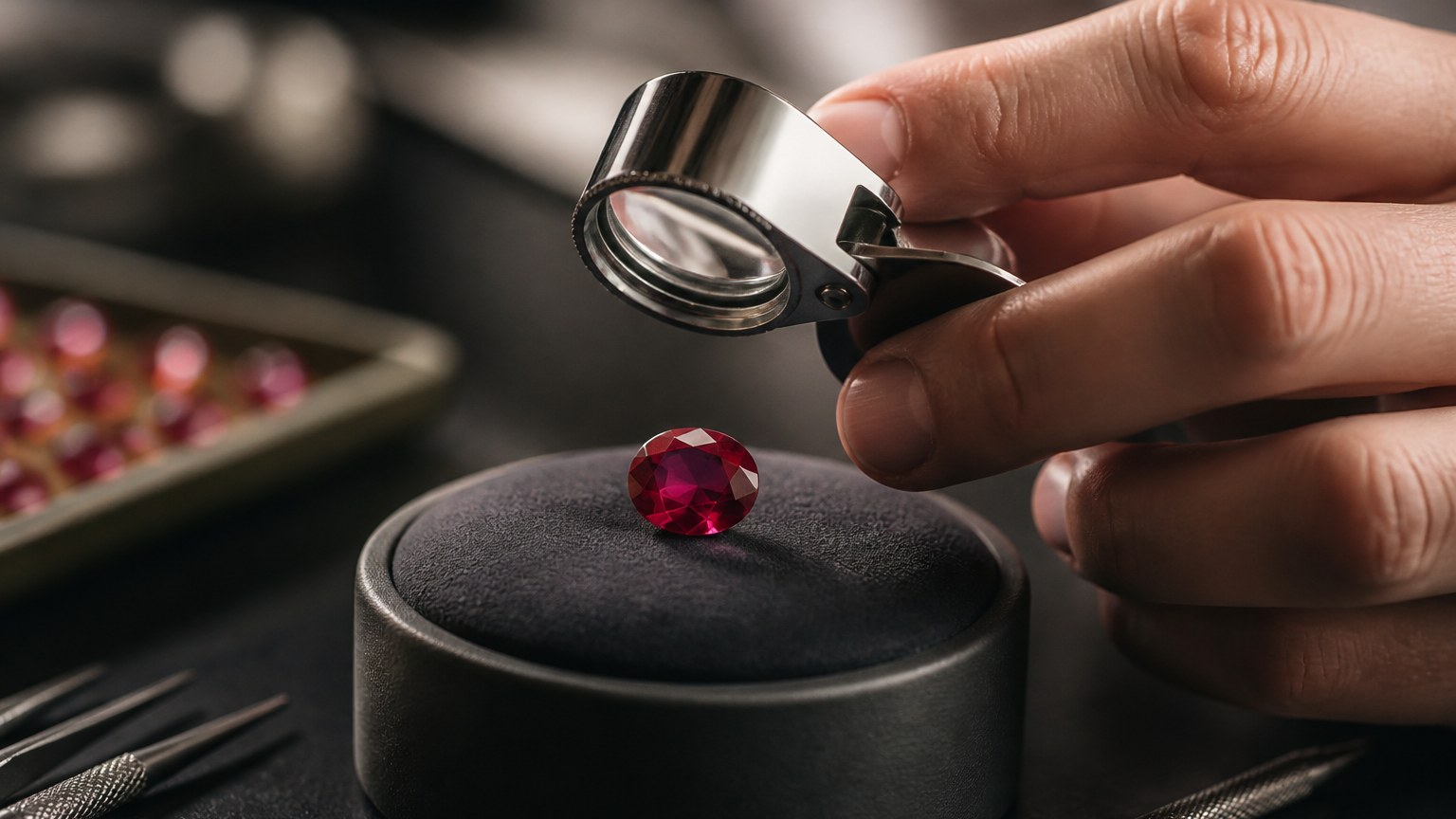 Main de bijoutier examinant un rubis facetté à la loupe sous lumière studio douce