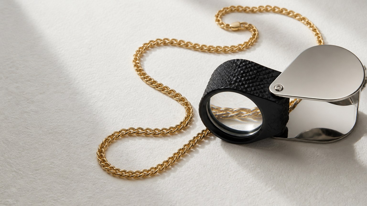 Loupe regardant une maille d'une chaîne en or jaune 18 carats sur fond blanc