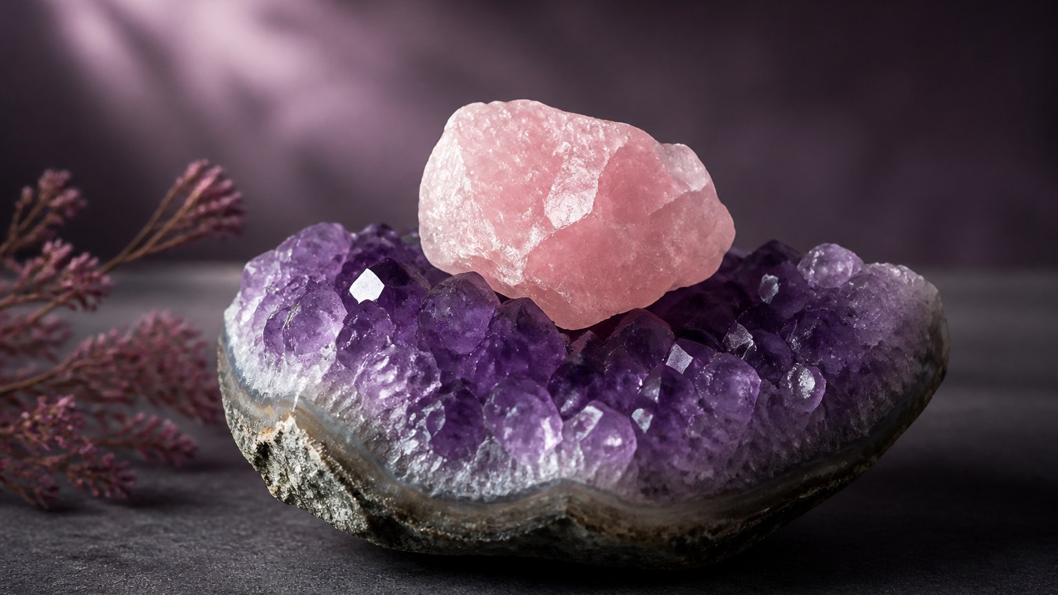 Quartz rose reposant sur une géode d'améthyste violette dans un éclairage studio doux