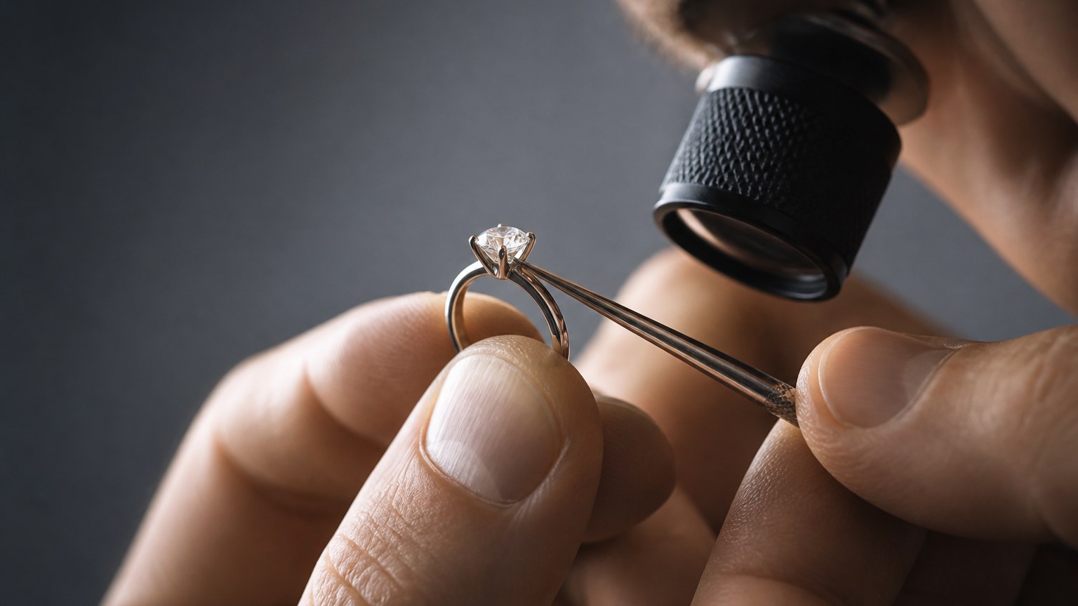 Vérification du sertissage d'une bague solitaire diamant par bijoutier