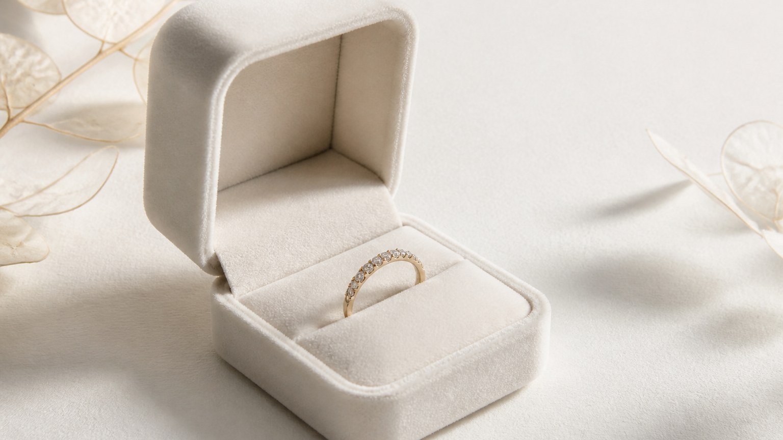 Écrin ouvert contenant une demie alliance diamant de qualité