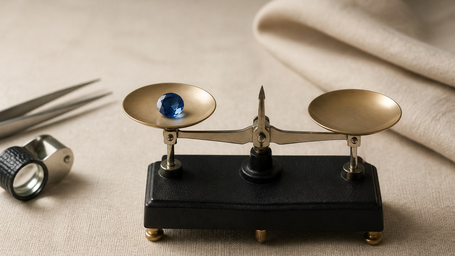 Balance de précision pesant une pierre précieuse sur fond lin