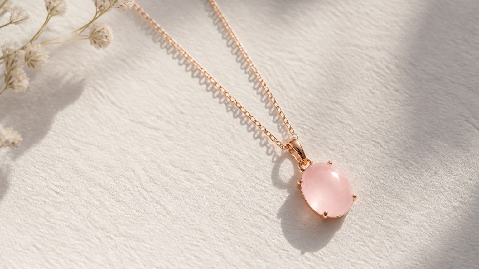 Collier en or rose avec quartz rose sur papier texturé blanc cassé
