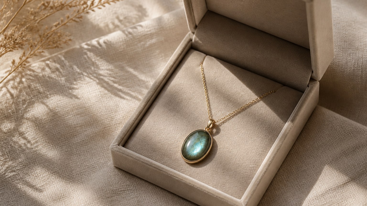Collier avec pendentif en pierre fine dans un écrin sur tissu de lin beige