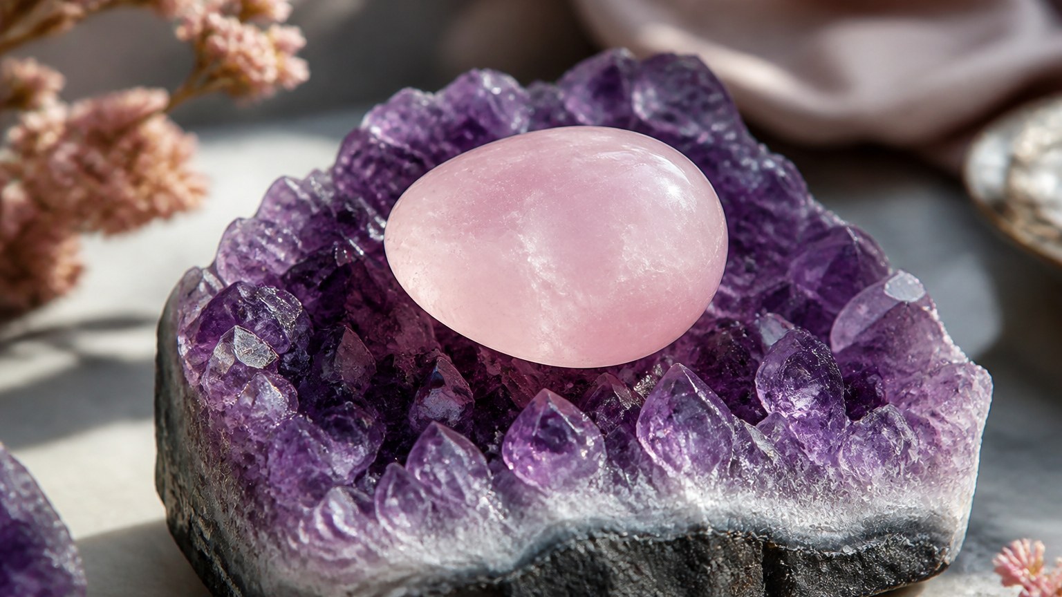 Quartz rose reposant sur une géode d’améthyste en lumière naturelle