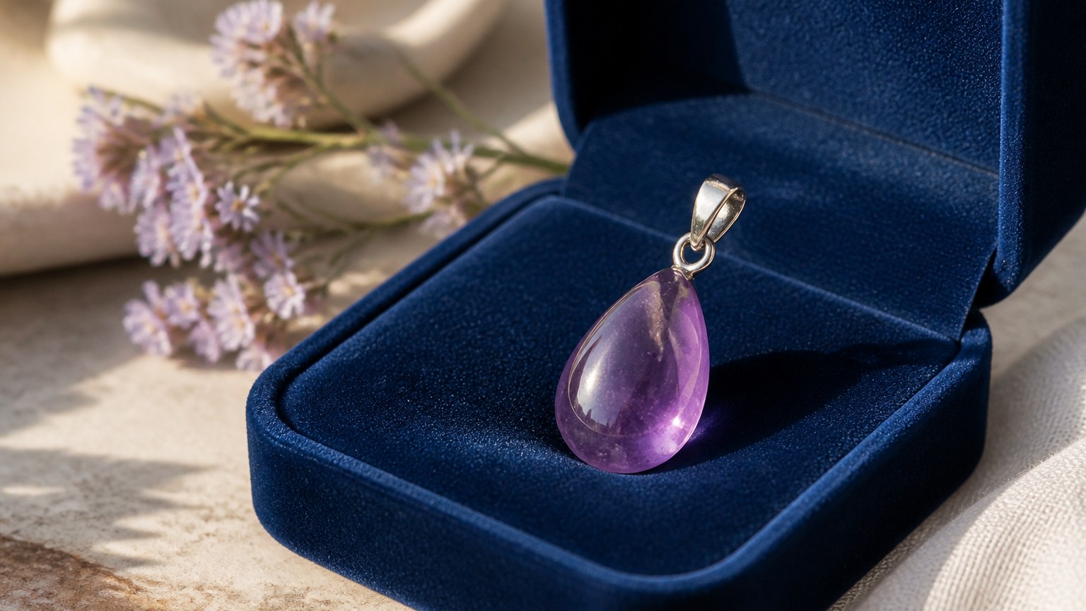 Pendentif en améthyste dans écrin en velours