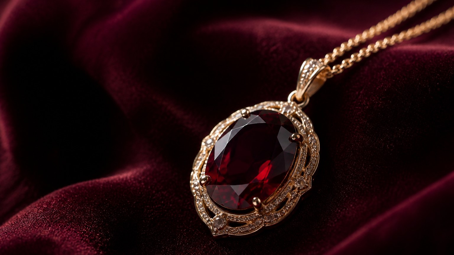 Pendentif en grenat sur fond en velours sombre, lumière naturelle soulignant l'éclat et la couleur riche de la pierre