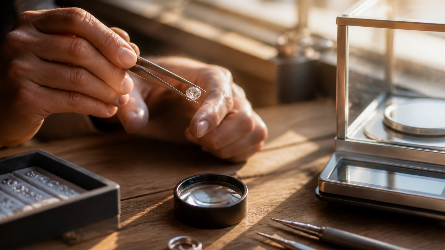 Cristal Swarovski examiné par bijoutier avec loupe et balance