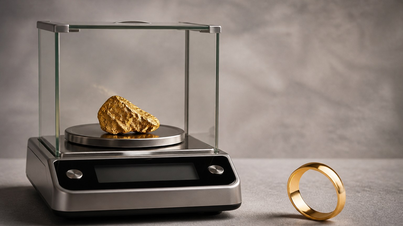 Balance de précision avec or pur et bague or 375 sur fond lin