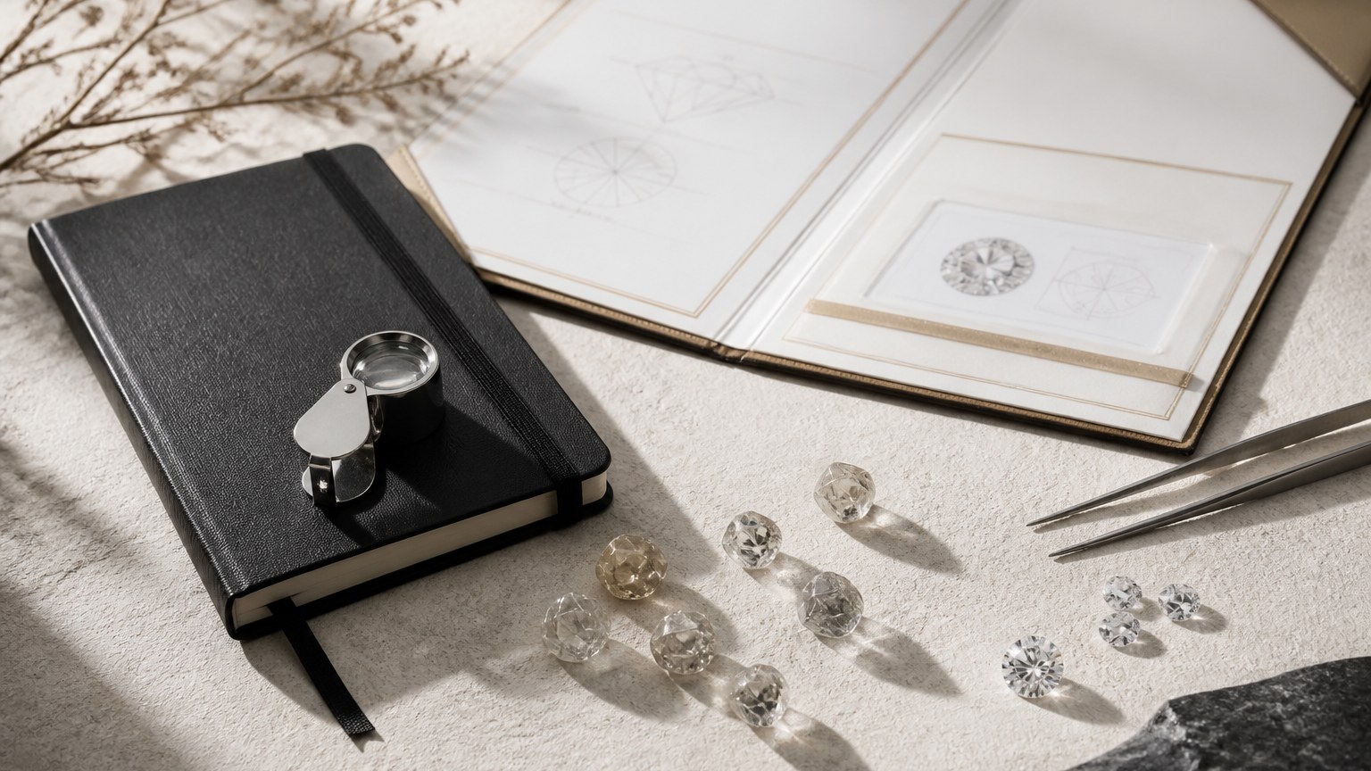 Carnet de gemmologie, certificat GIA et diamants posés sur papier texturé