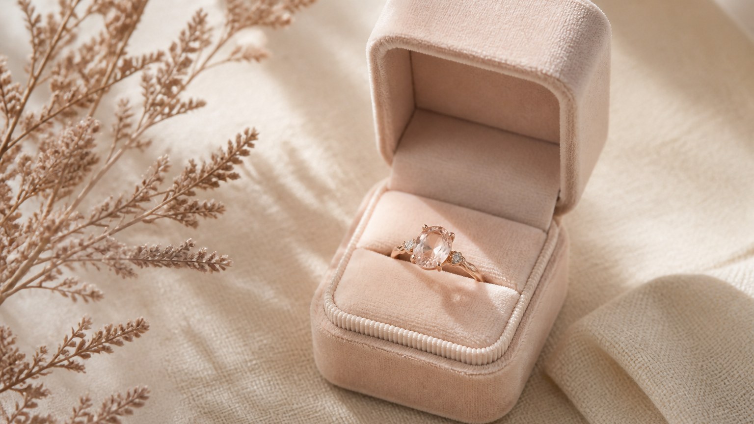 Bague de fiançailles en or rose délicatement posée dans un écrin ouvert