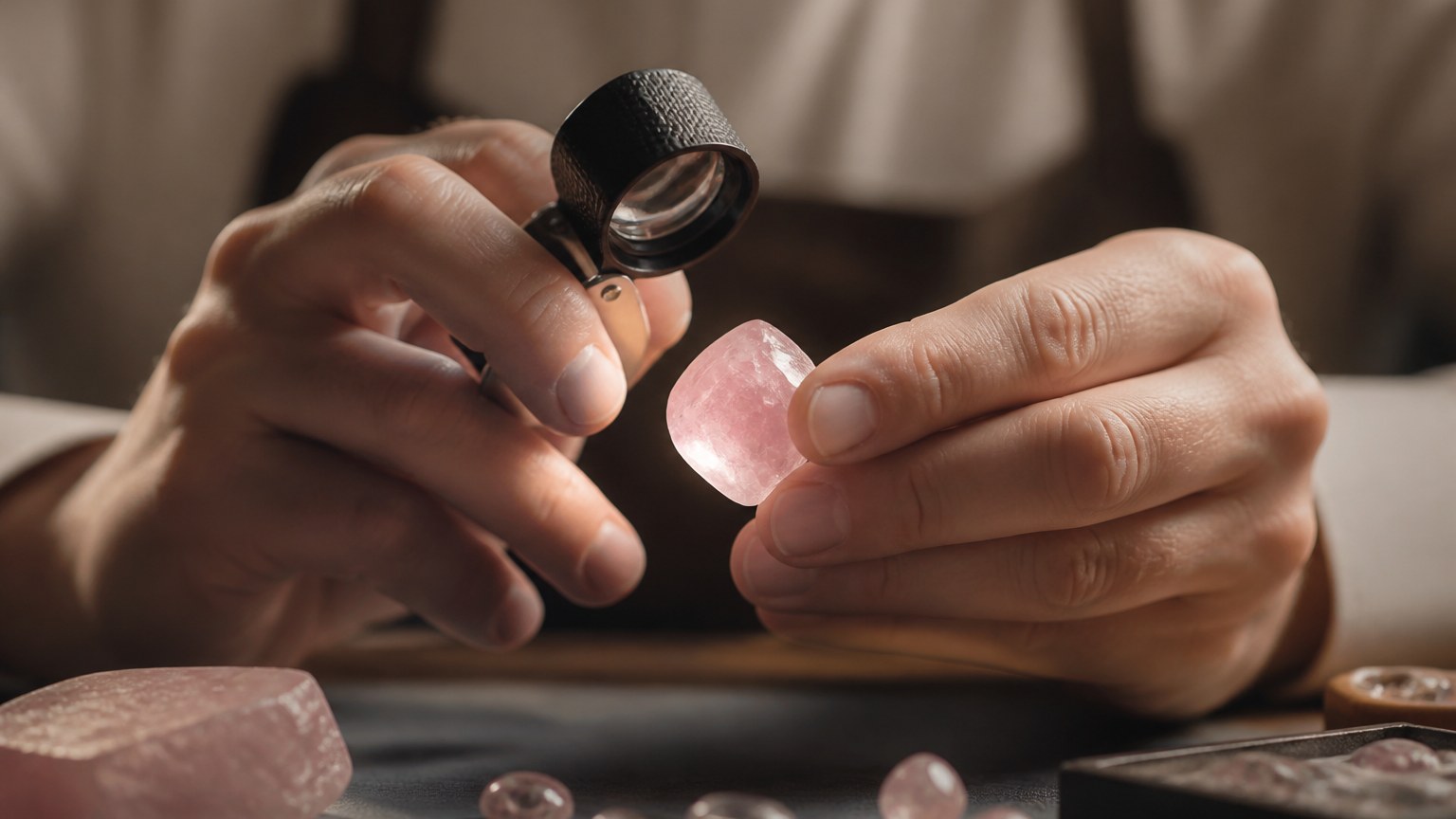 Inspection de quartz rose avec loupe par bijoutier