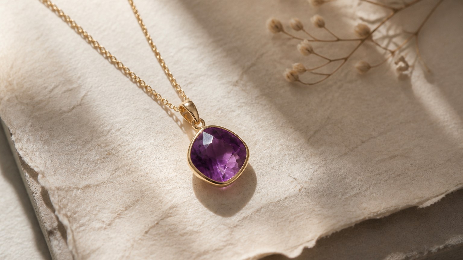 Collier pendentif améthyste sur papier texturé naturel