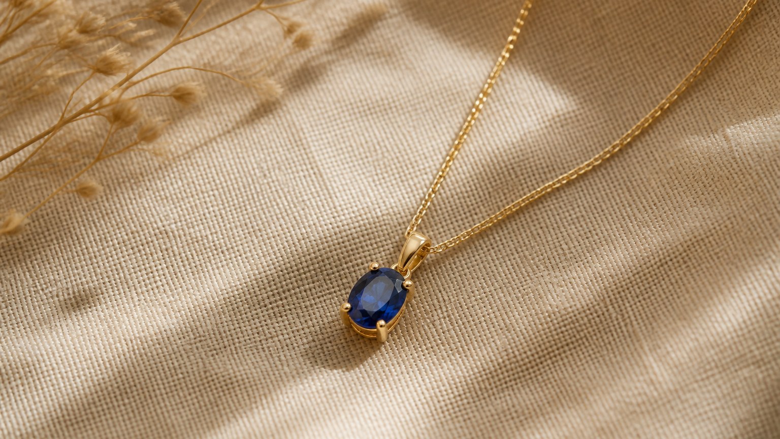 Collier en or serti d'un saphir bleu sur tissu lin