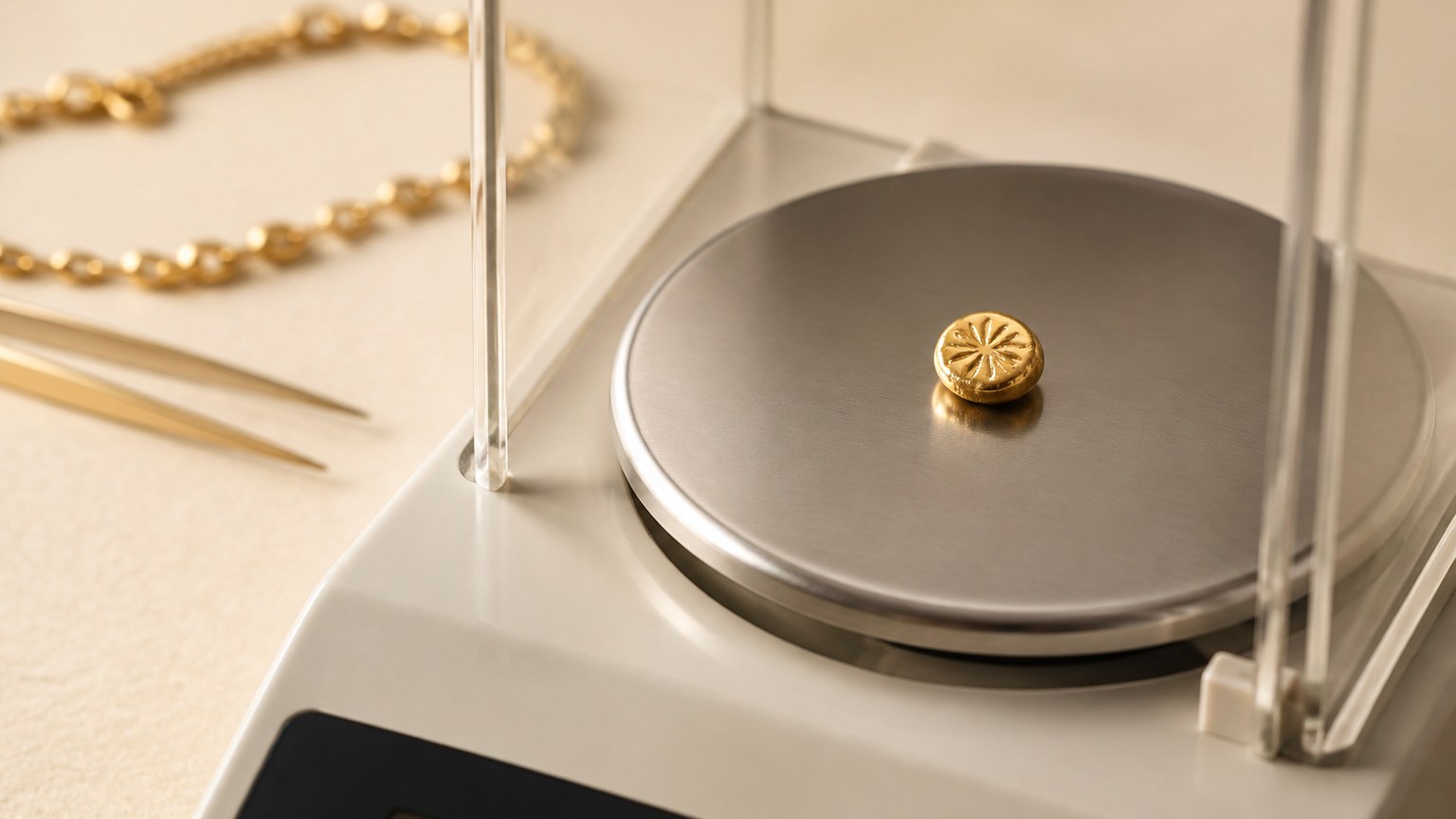 Balance de précision pesant une pièce en or 18 carats