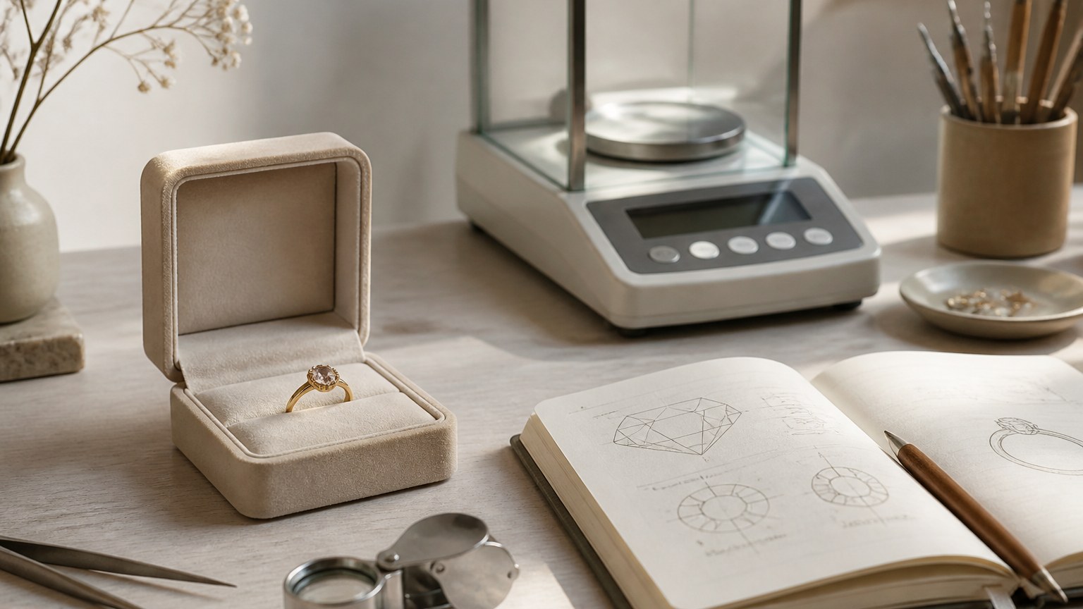Balance et écrin avec bague en or 375 sur 1000 sur une table de bijouterie