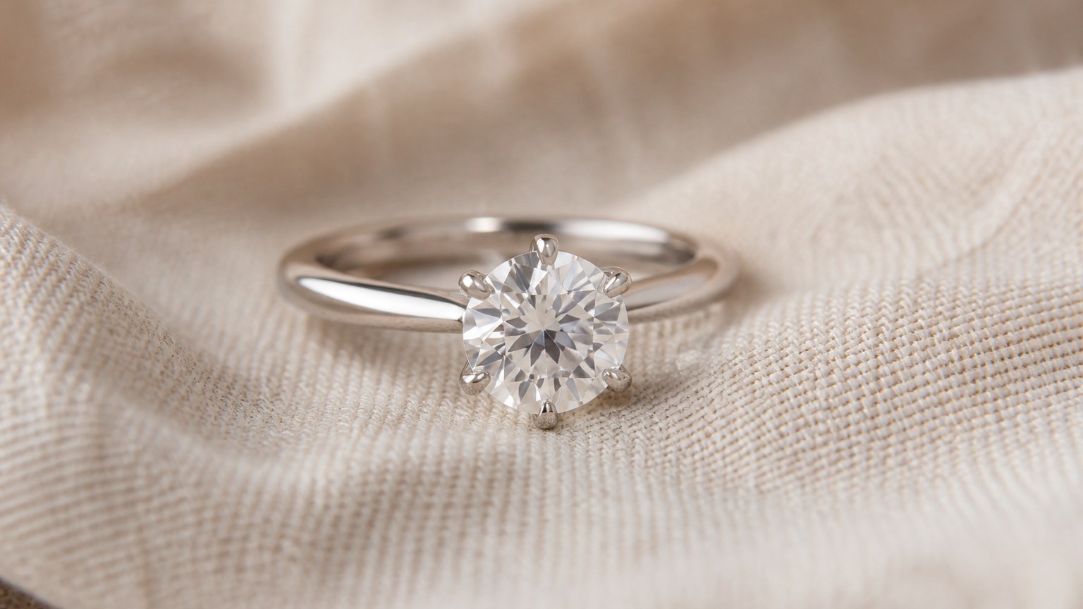 Bague de fiançailles en diamant sur tissu lin beige