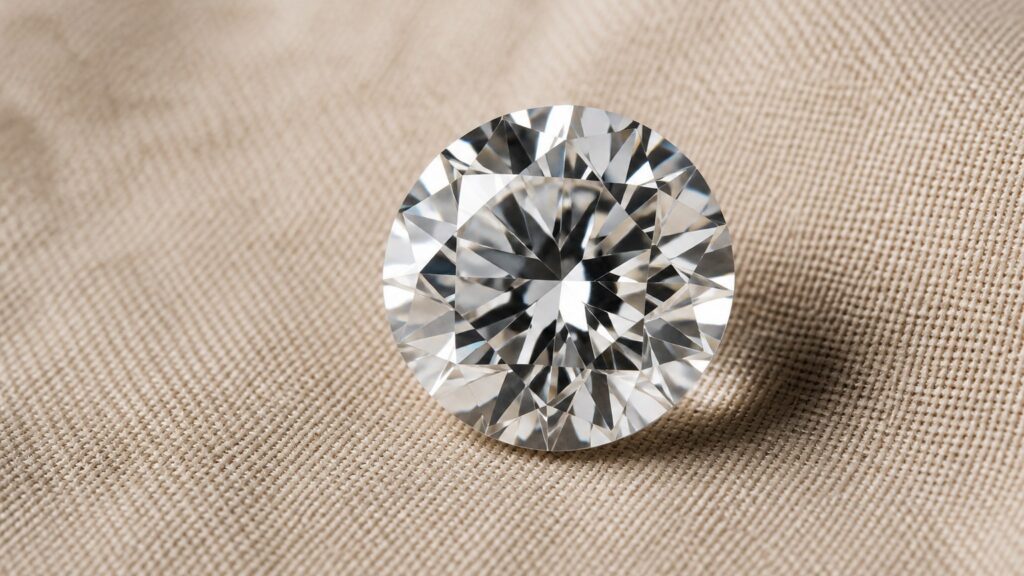 Gros plan sur un diamant taillé avec facettage éclatant reposant sur un fond lin