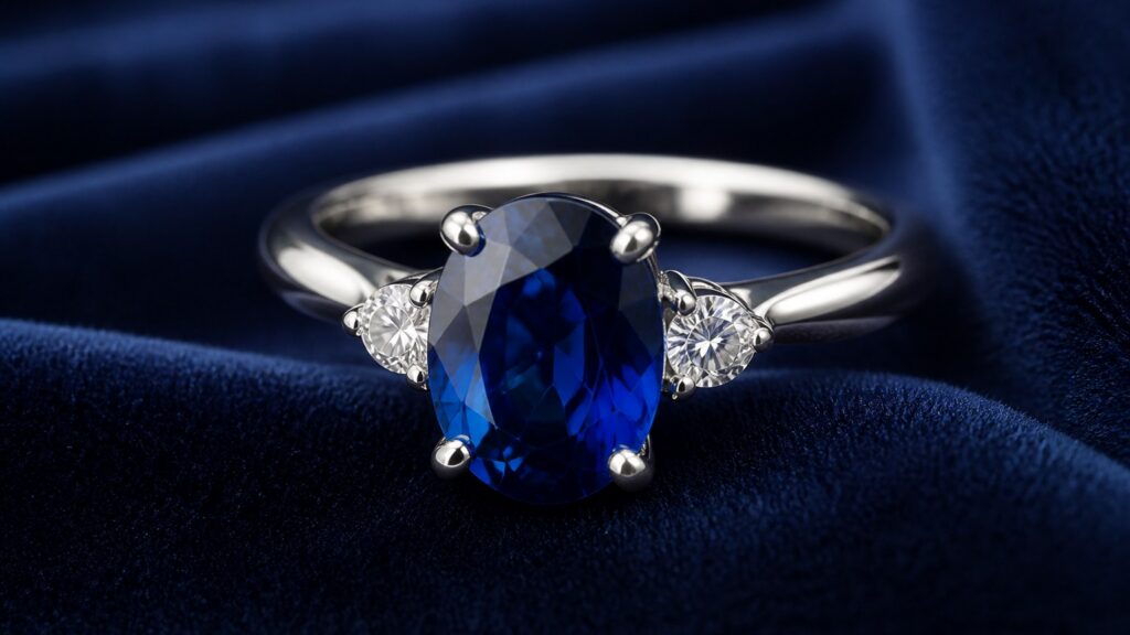 Bague de fiançailles avec un saphir bleu profond sur monture en or blanc