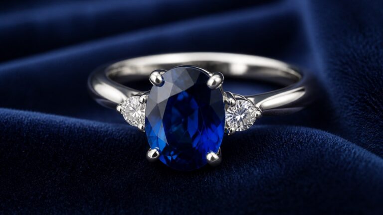 Bague de fiançailles avec un saphir bleu profond sur monture en or blanc