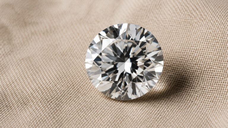 Gros plan sur un diamant taillé avec facettage éclatant reposant sur un fond lin