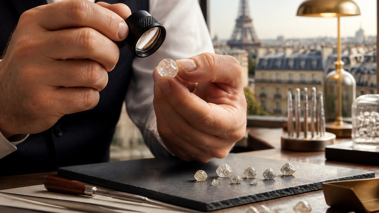 Bijoutier examinant un diamant avec une loupe dans un atelier