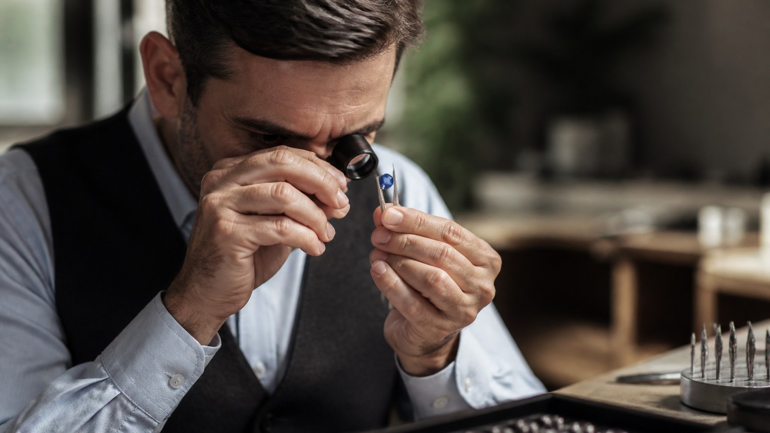 Bijoutier examinant un saphir bleu avec une loupe gemmologique