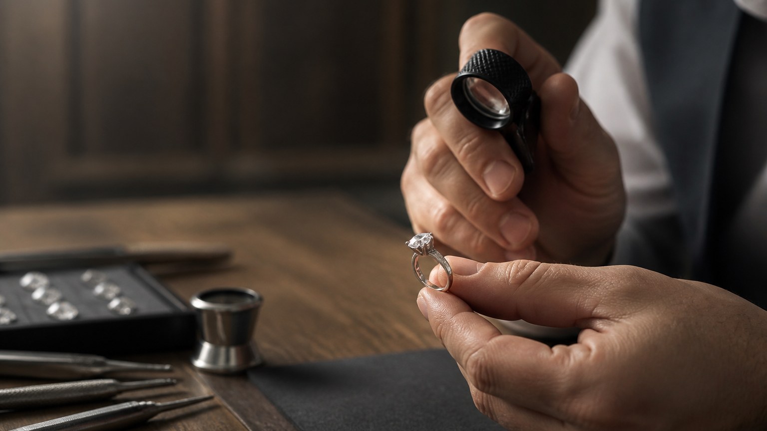 Main de bijoutier examinant un diamant avec une loupe sous lumière douce