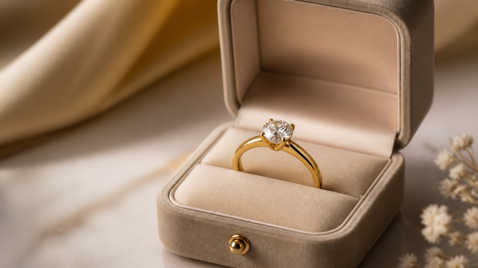 Écrin ouvert montrant une bague en or jaune avec solitaire diamant