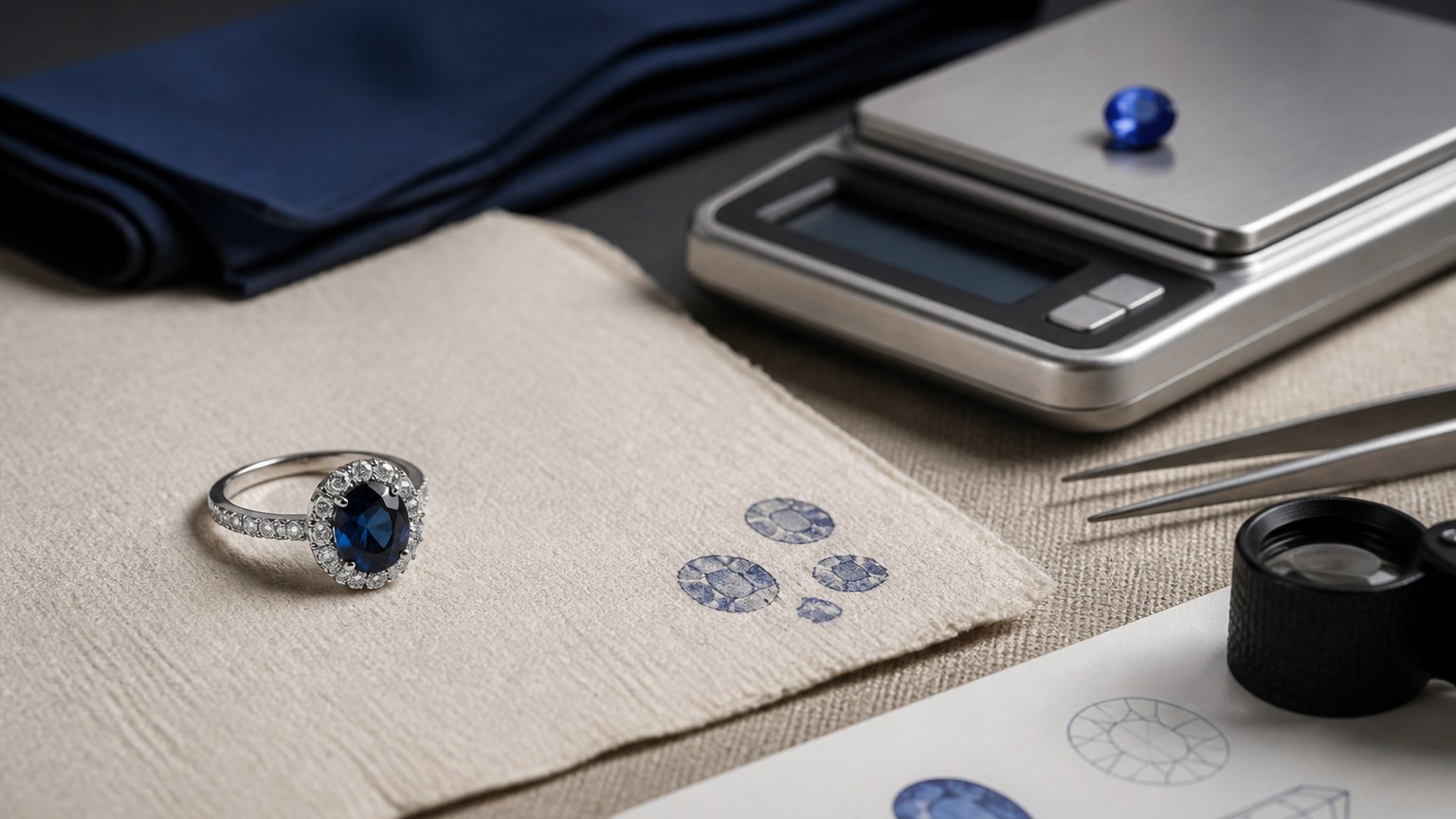 Bague de fiançailles saphir bleu avec balance et certificat gemmologique