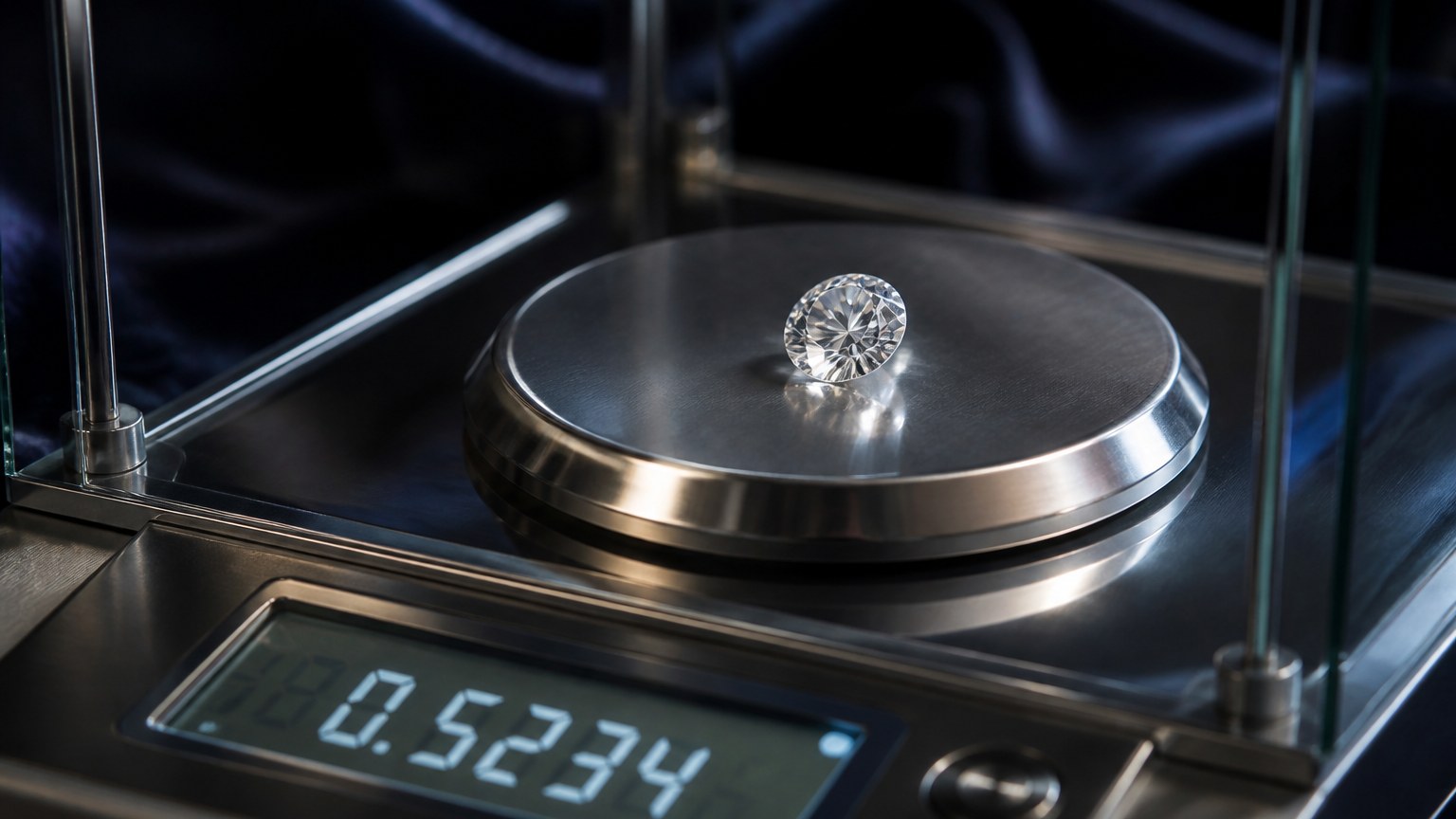 Diamant pesé sur une balance de précision avec focus sur les détails de la pierre