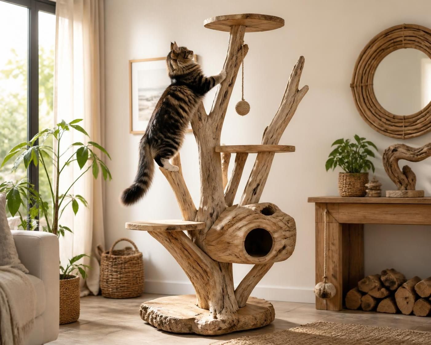 découvrez notre arbre à chat en bois flotté, une solution naturelle et esthétique qui séduira votre chat tout en s'intégrant harmonieusement à votre intérieur.