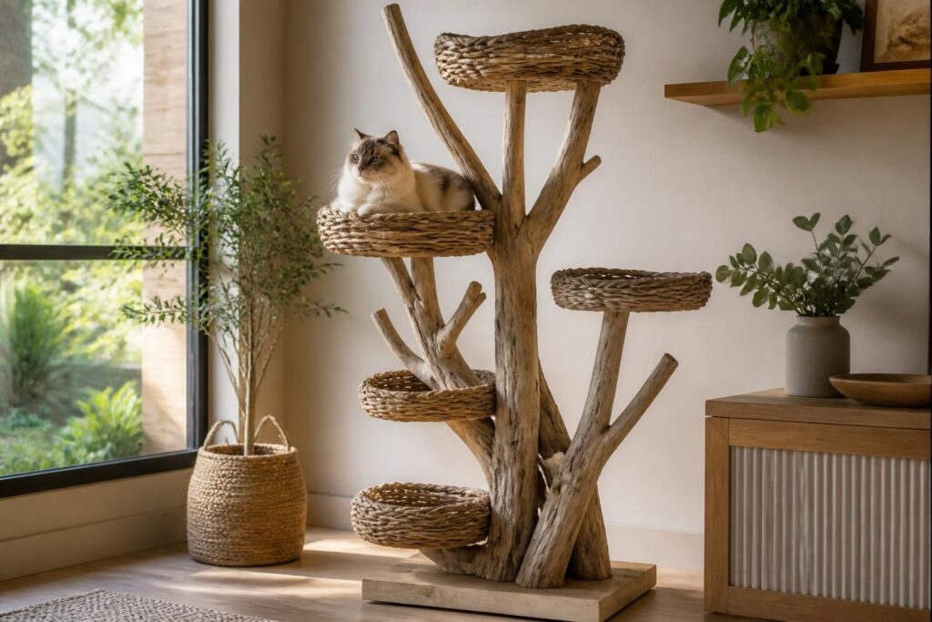 découvrez notre arbre à chat en bois flotté, alliant esthétique naturelle et confort pour votre chat. un élément décoratif unique qui s'intègre parfaitement à votre intérieur.