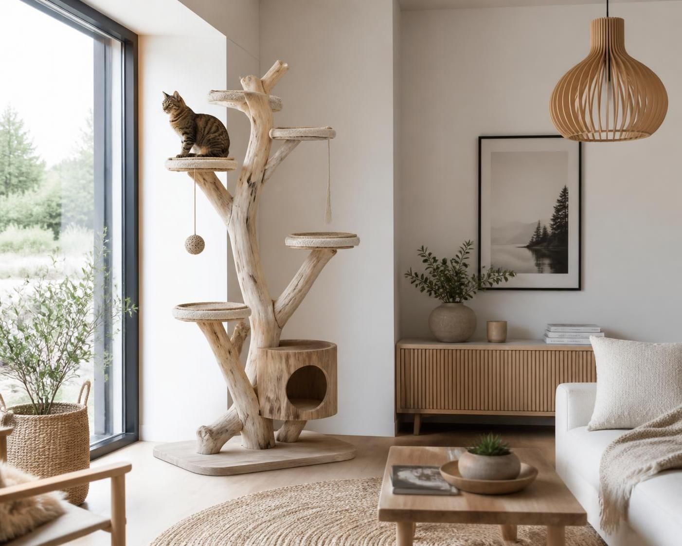 découvrez un arbre à chat en bois flotté, alliant design naturel et esthétique pour offrir à votre chat un espace de jeu et de repos unique et harmonieux.